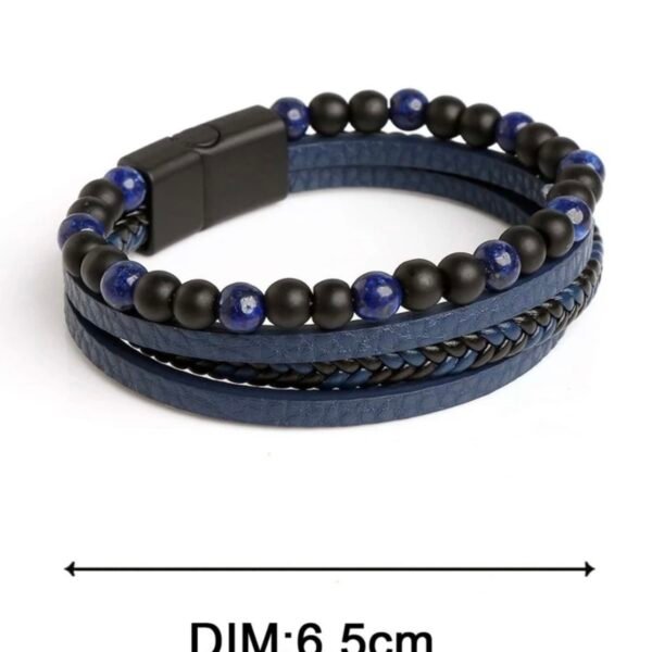 Bracelet multi-couches en cuir bleu avec perles naturelles et fermoir magnétique