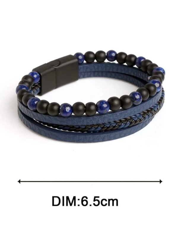 Bracelet multi-couches en cuir bleu avec perles naturelles et fermoir magnétique