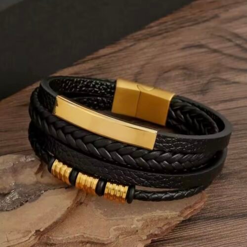 Bracelet en Cuir Tressé Multicouche avec Fermoir Magnétique en Acier Inoxydable