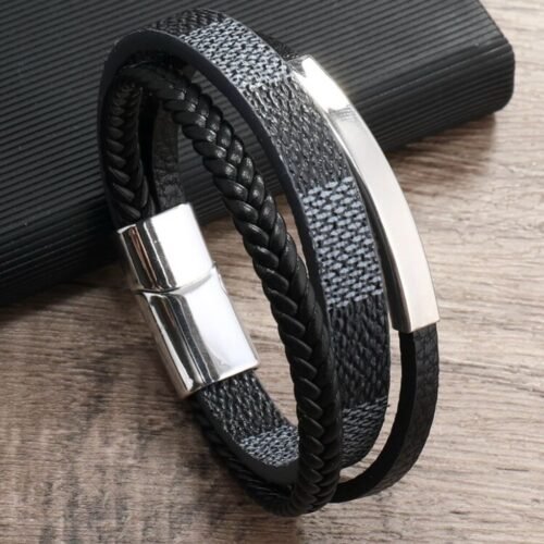 Bracelet en cuir tressé multi-couches pour hommes  inoxydable